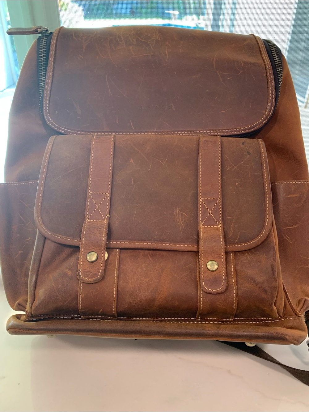Men's Vintage Brown Leather Backpack with Front Flap Pocket